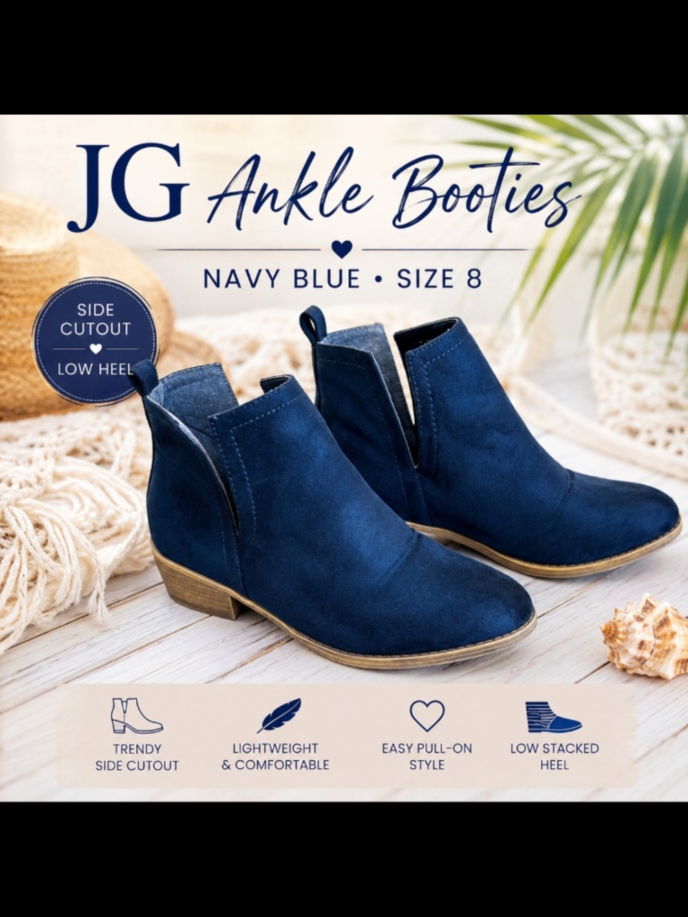 JG Navy Blue Faux Suede Side Cutout Ankle Booties Size 8